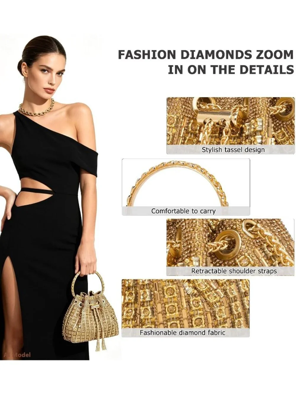 Women Gold Sparkly Rhinestone Clutch Purse Diamond Chain Evening Bag